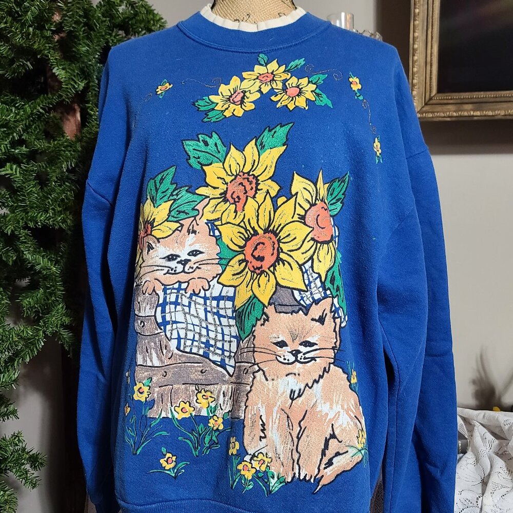 Vintage Women's Large Cats & Sunflowers Embellished Crewneck Pullover Sweatshirt